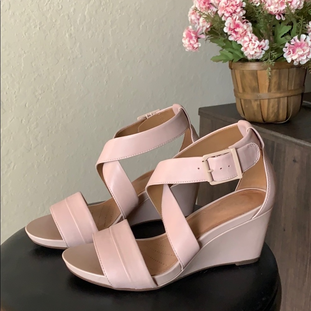 Clarks Blush Pink Crisscross Wedge Sandals